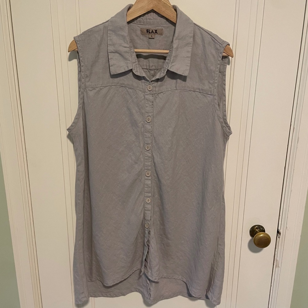 FLAX Skyline Linen Sleeveless Button Down Tunic Large Gray